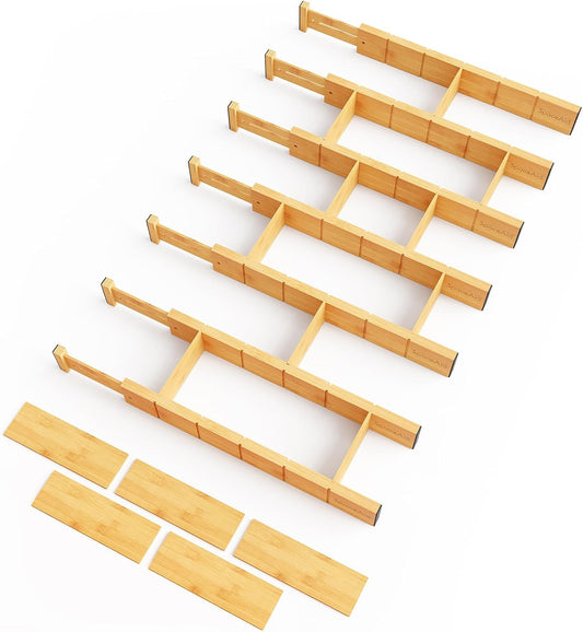 Bamboo Drawer Dividers with Inserts and Labels, Kitchen Adjustable Drawer Organizers