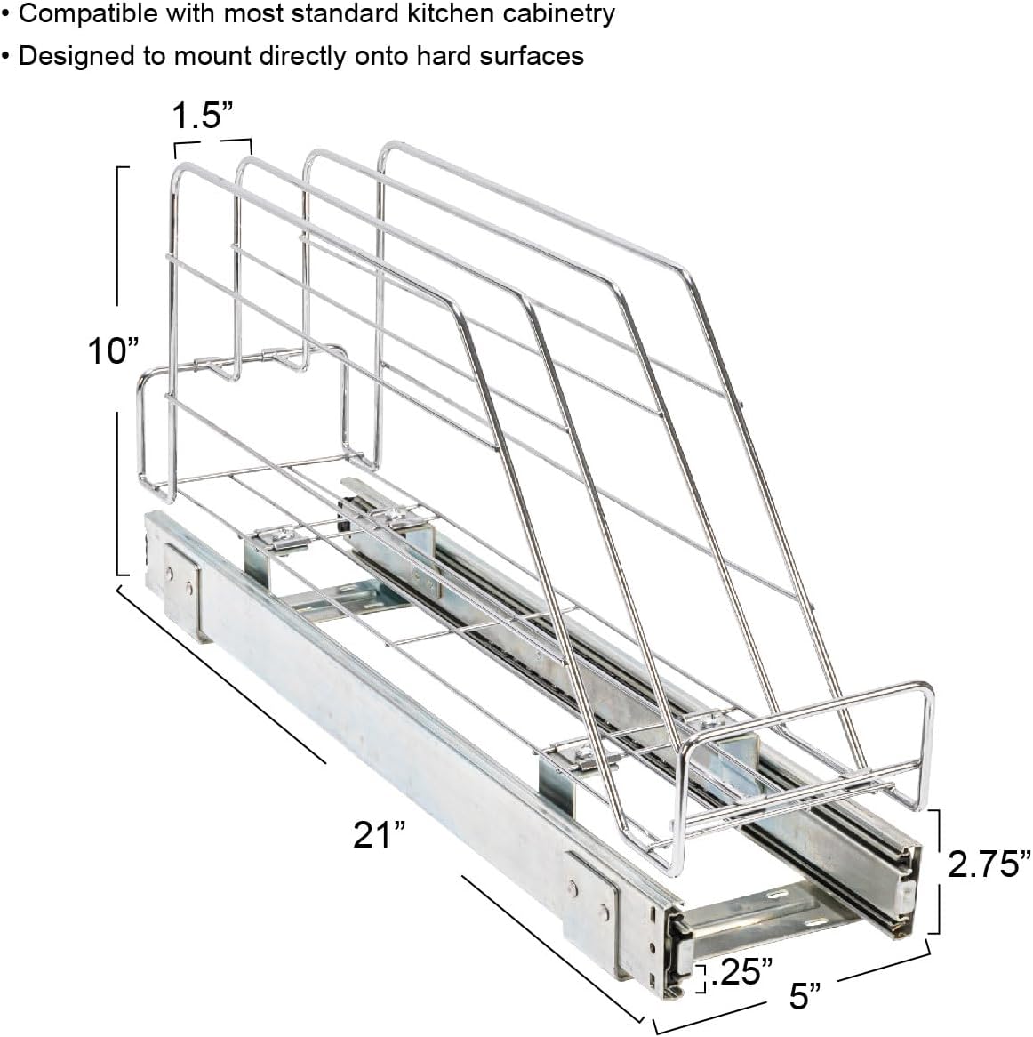 Glidez Multipurpose Chrome-Plated Steel Pull-Out/Slide-Out Storage Organizer for Cookware and Bakeware - Fits Standard Size Cabinet or Shelf, Chrome
