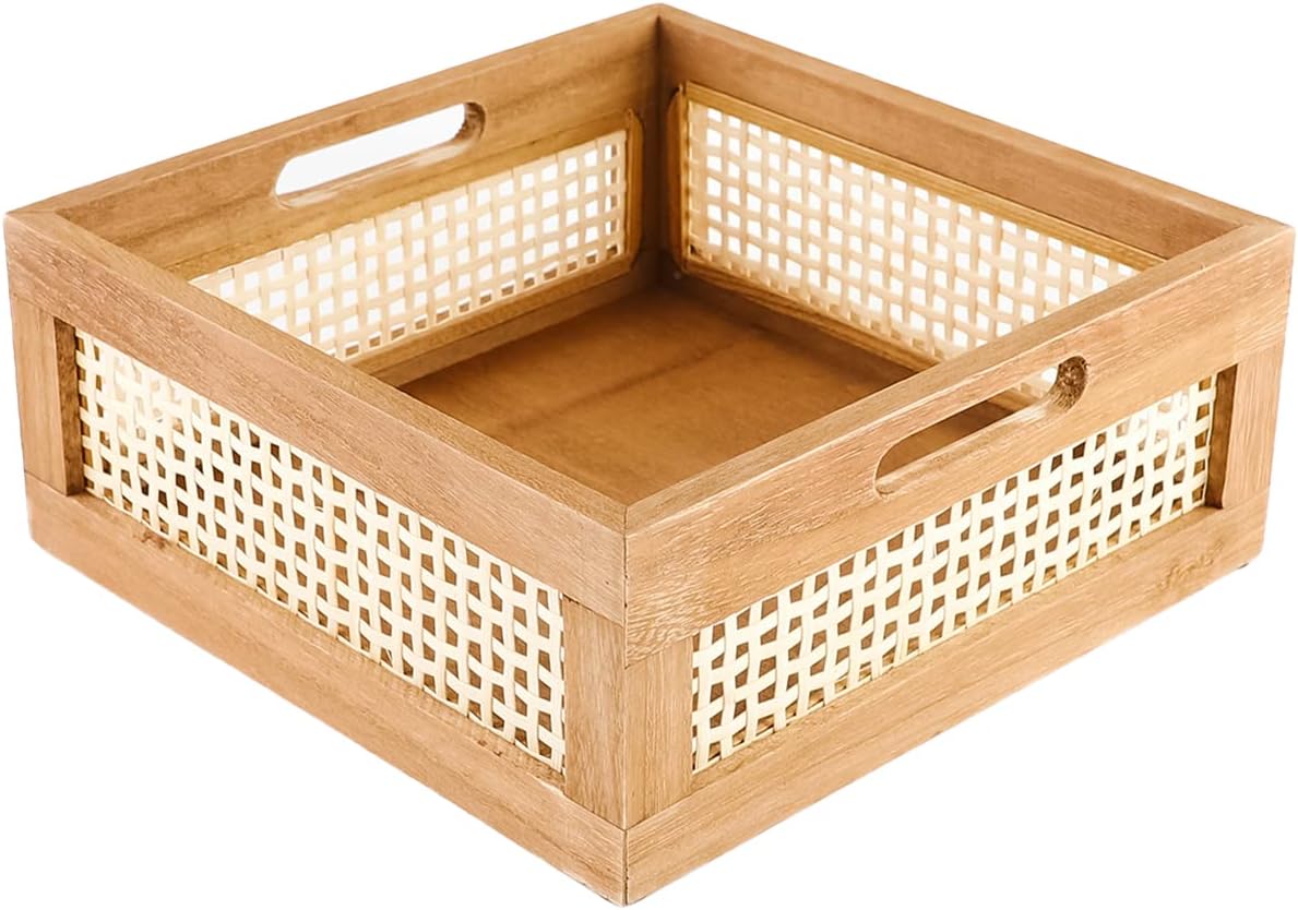 Woven Wooden Basket Wood Storage Crate Box, Bamboo Basket with Built-In Handles for Kitchen Pantry