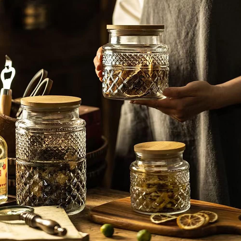 Glass Storage Jars Vintage Embossed Canisters Food Cereal Storage Containers with Bamboo Lid