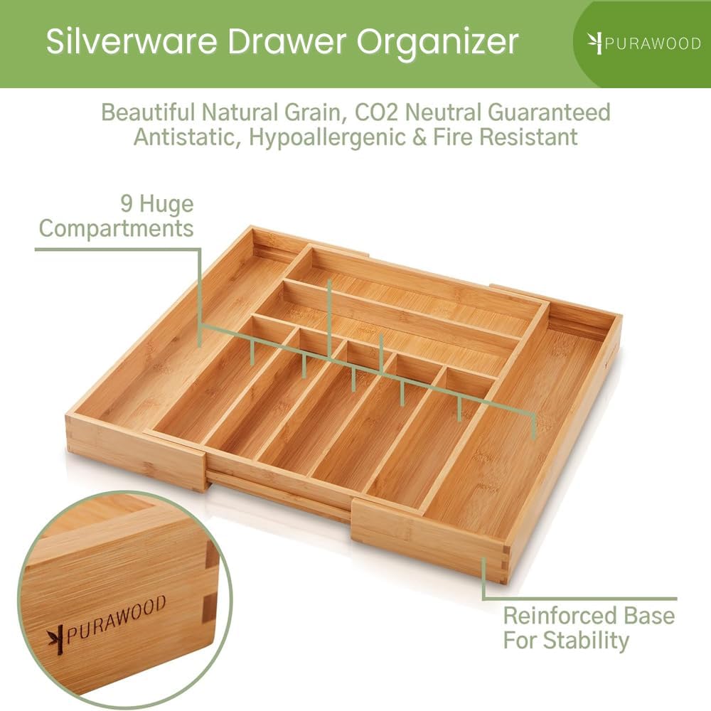 Bamboo Drawer Organizer - Expandable Silverware Organizer & Utensil Drawer Organizer