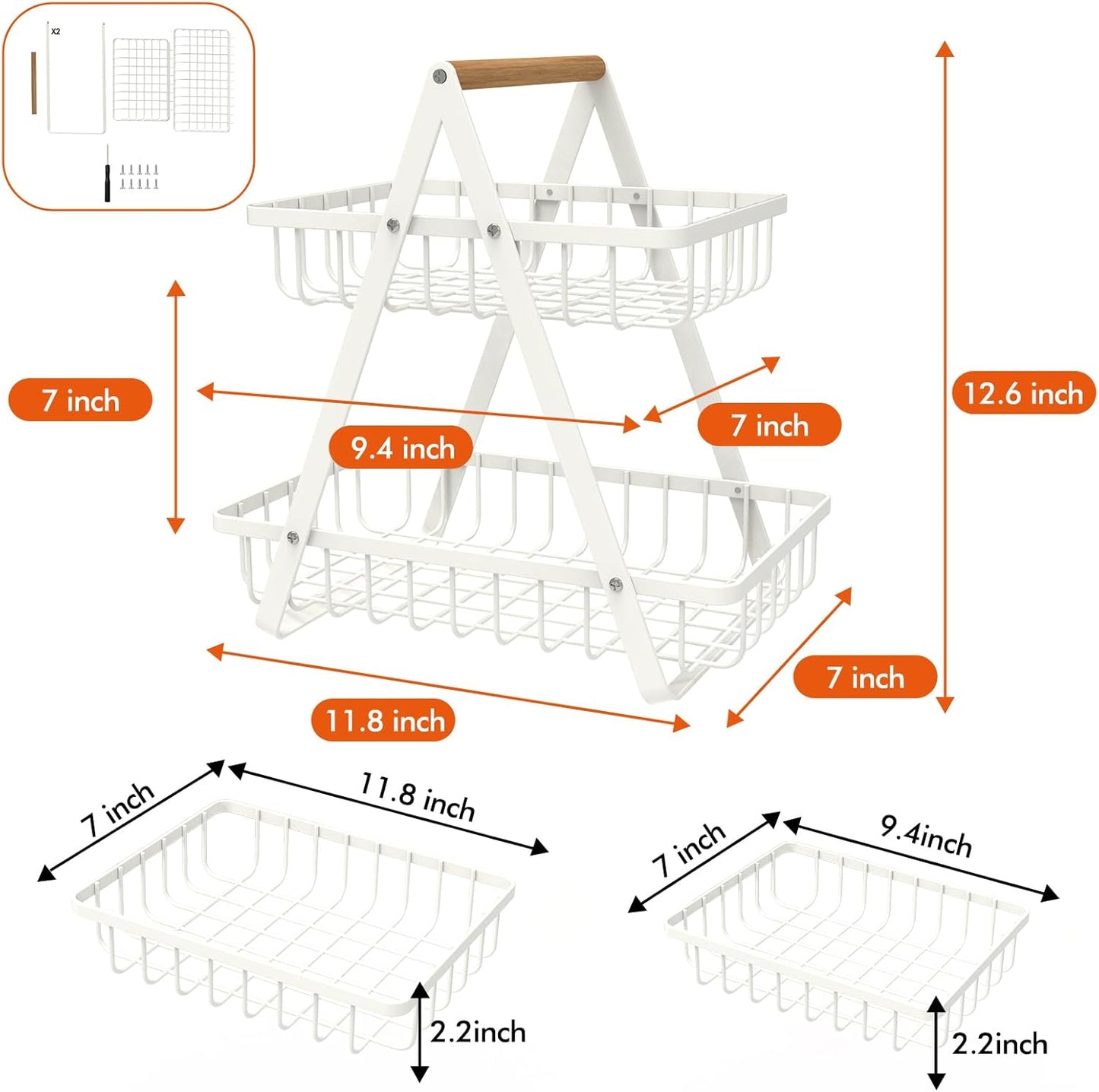 mahueeol 2 Tier Countertop Fruit Basket,Portable Fruit Bowle Basket for Kitchen Organizer Storage Fruits Vegetable Bread Snacks, Detachable Metal Rectangle Basket with wood Handle,White