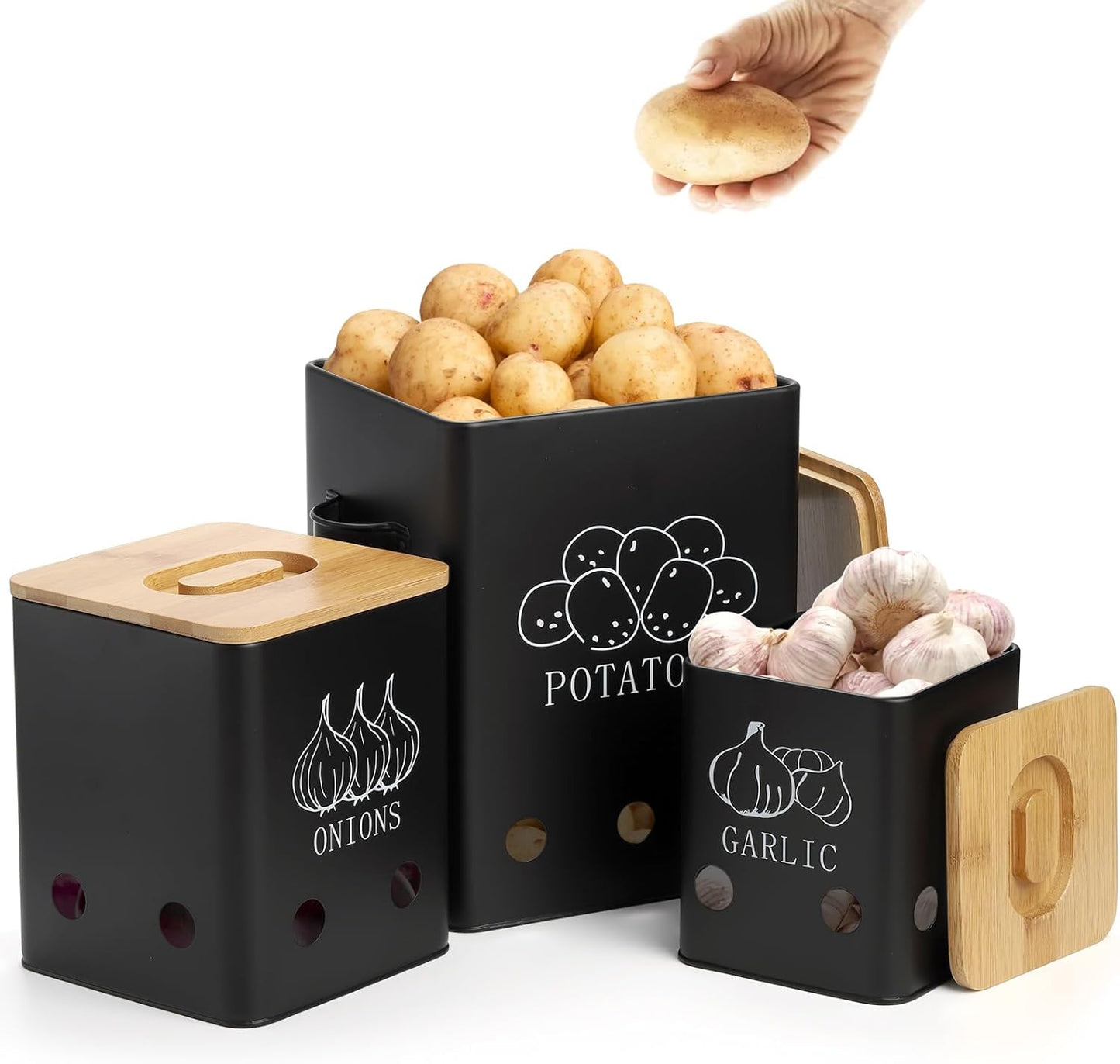 3 Pack Vegetable Storage Tins, Potato Onion Garlic Storage Canister