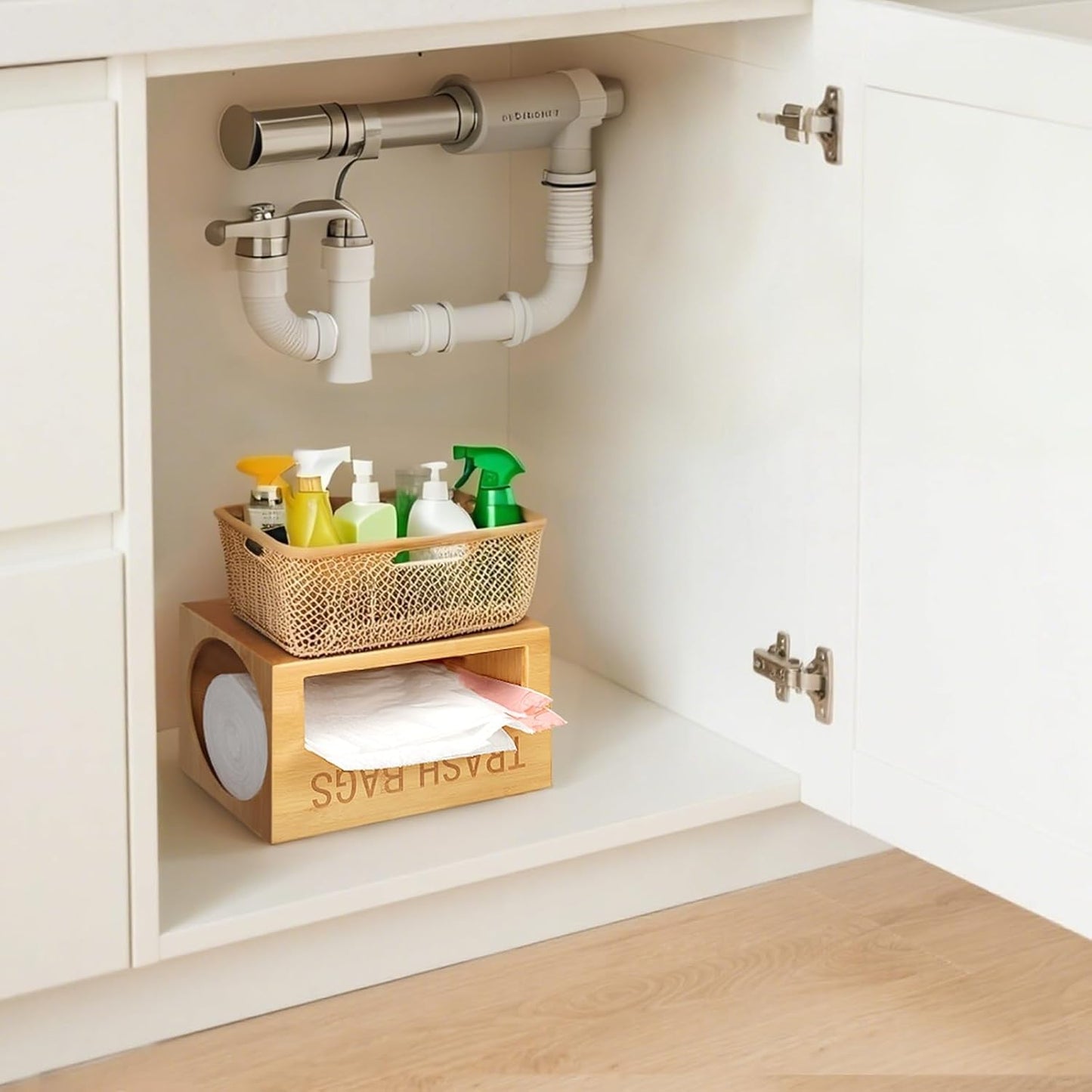 Bamboo Garbage Bag Dispenser Roll Holder - Wall Mount Trash Bag Organizer for 13-33 Gallons