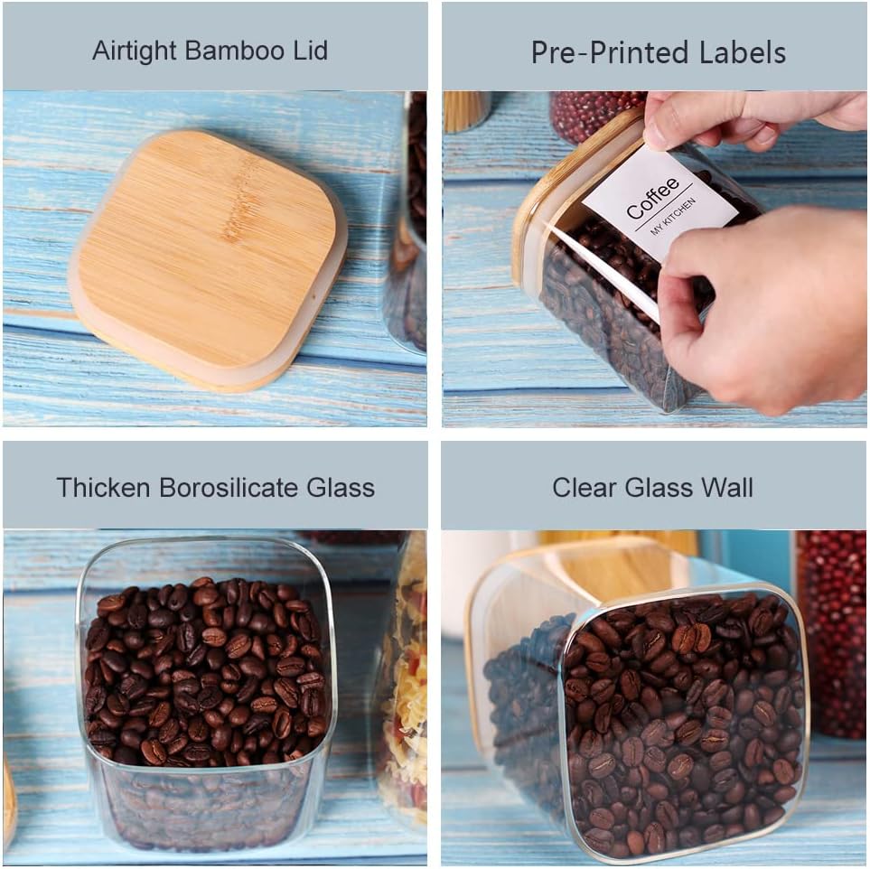 Glass Storage Canister with Wooden Lid, Set of 7 Square Glass Jars with Bamboo Lids