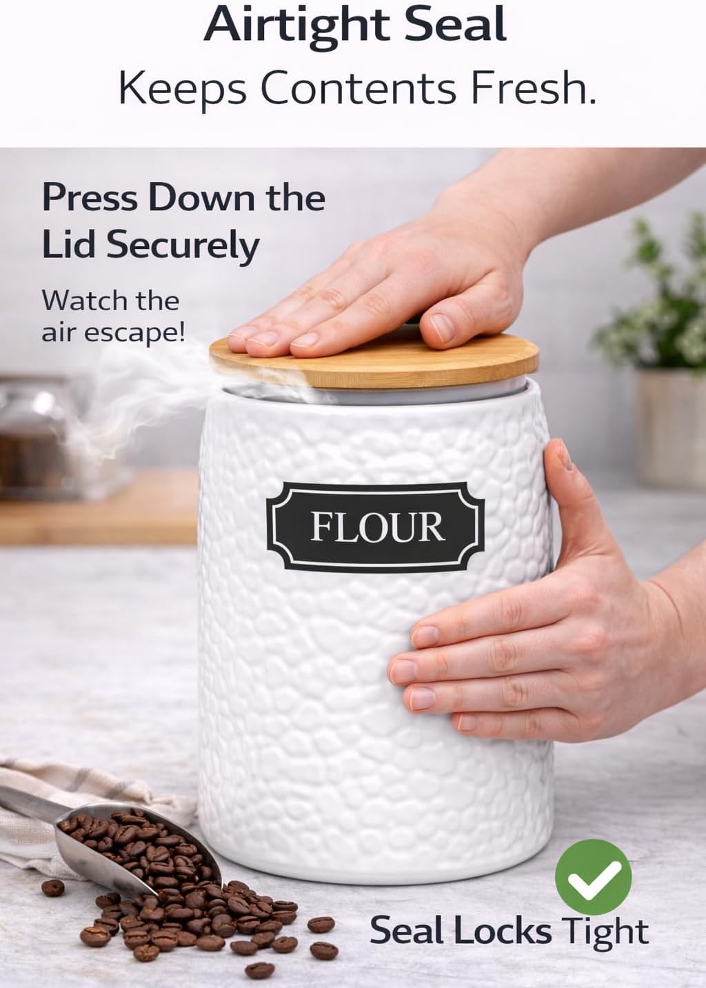 Ceramic Canister for the Kitchen (94oz/2779ml) – Airtight Kitchen Counter Storage with Bamboo Lids