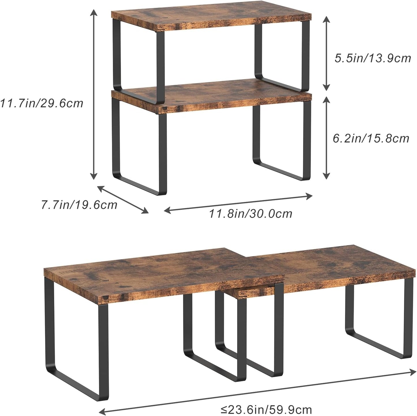 Set of 4 Counter Shelves Kitchen Stackable Cabinet Shelf Wood Organizer Expandable Counter Top Racks Brown Bathroom Counter organizer