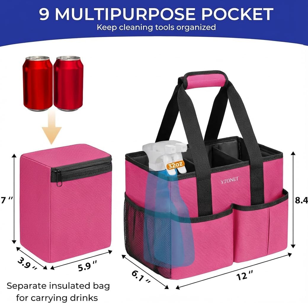 Cleaning Caddy, Water Resistant Cleaning Supplies Organizer with Handle & Foldable Divider for Cleaners, Housekeeping Tote for Kitchen & Bathroom, Car Tool Caddy Organizer Bag, Rosered