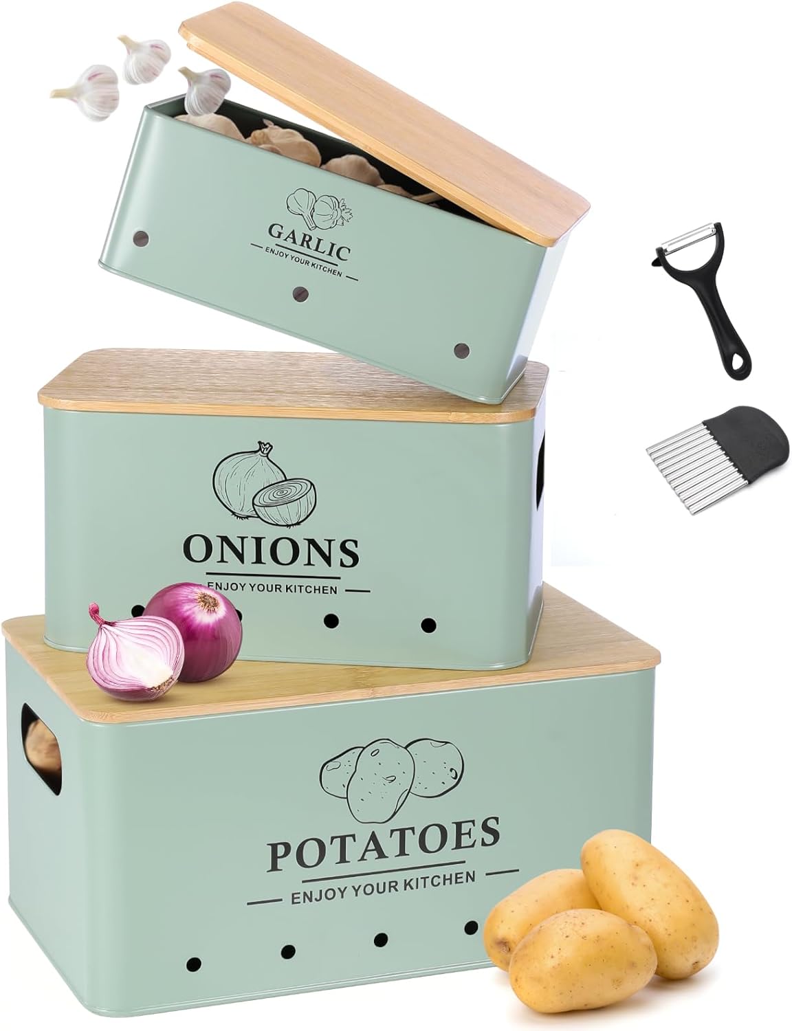 Kitchen Vegetable Storage Set of 3, Metal Onion Garlic Potato Storage Set