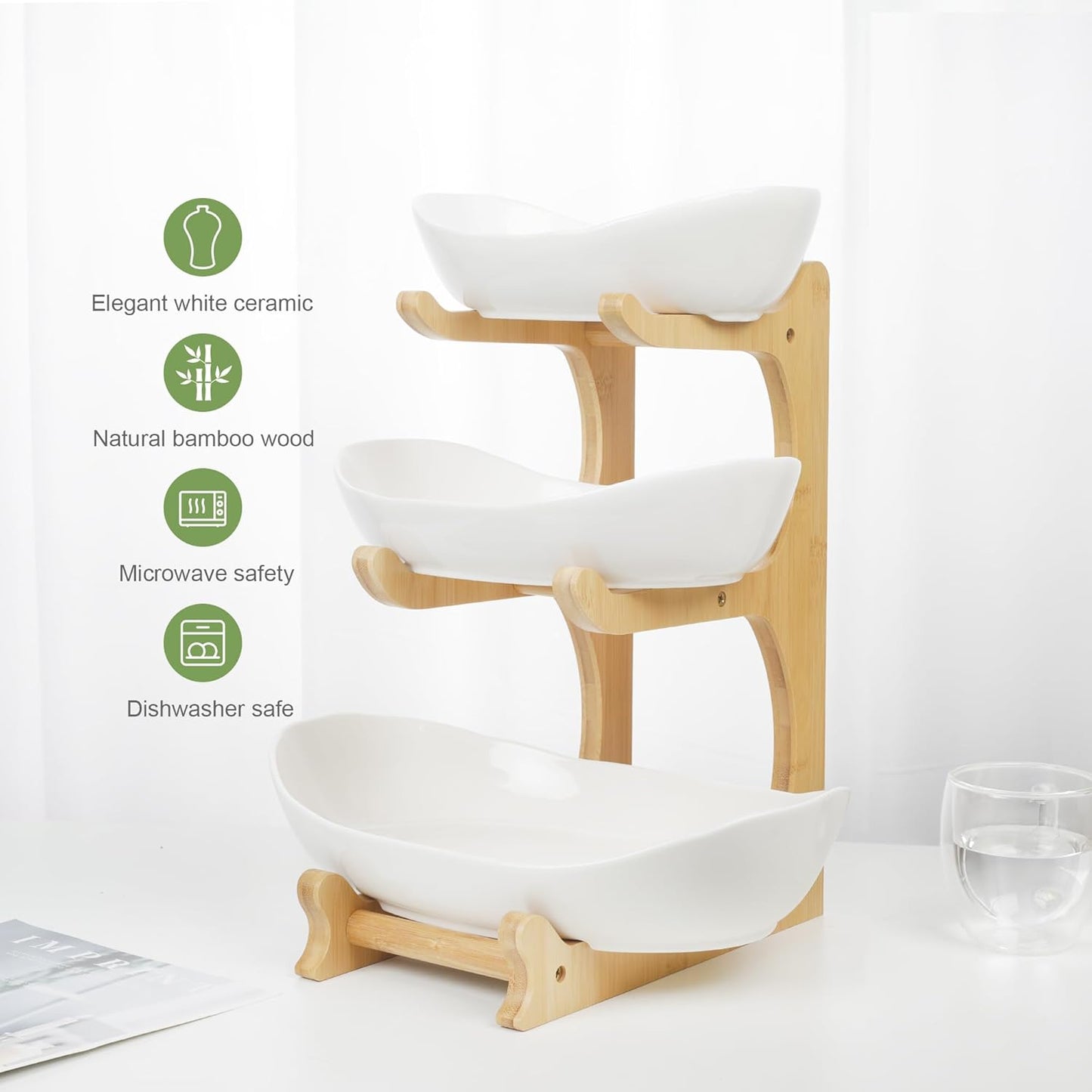3 Tier Fruit Bowl for Kitchen Counter (PLUS Series) / Ceramic Serving Bowls with Bamboo Stand/Big Size Tiered Fruit Basket for Fruit Vegetable Storage, Dessert, Salad Buffet Server