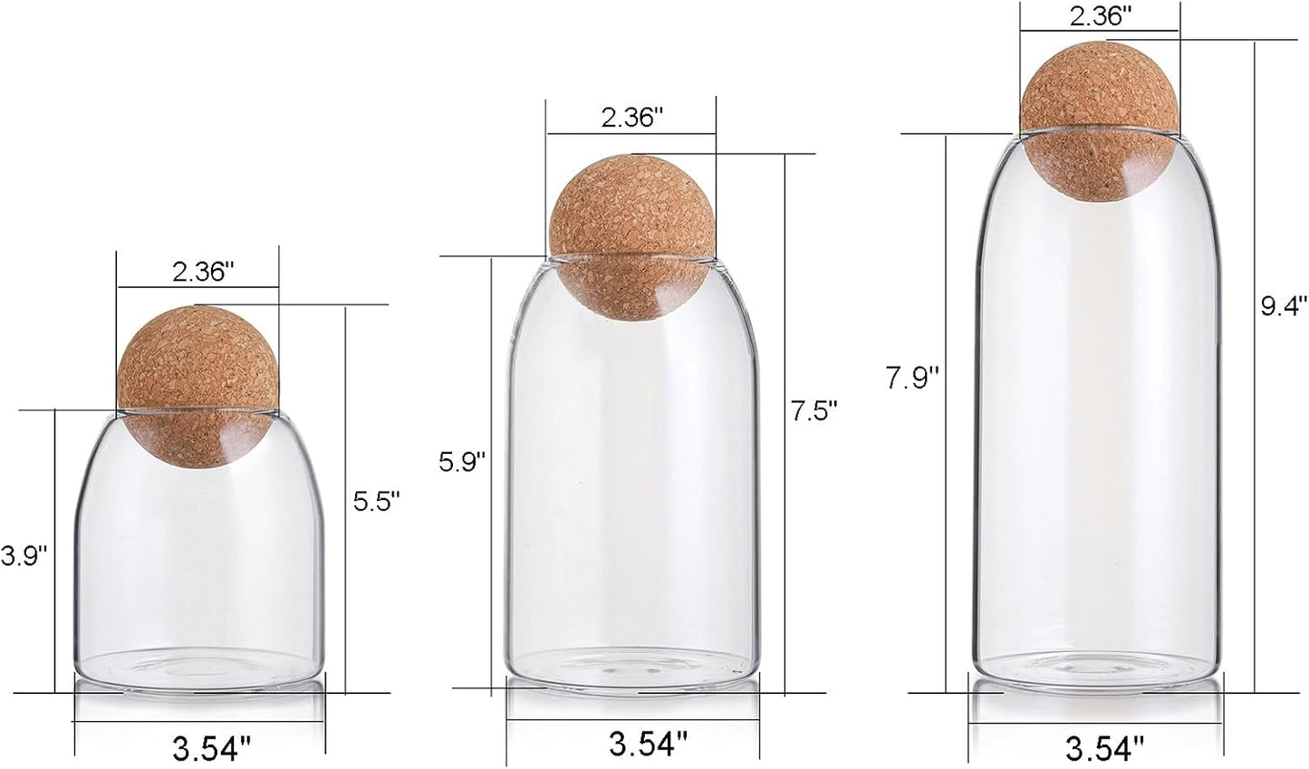 3 Pack Glass Storage Jar with Ball Cork Lid, Clear Glass Canisters with Cork Ball