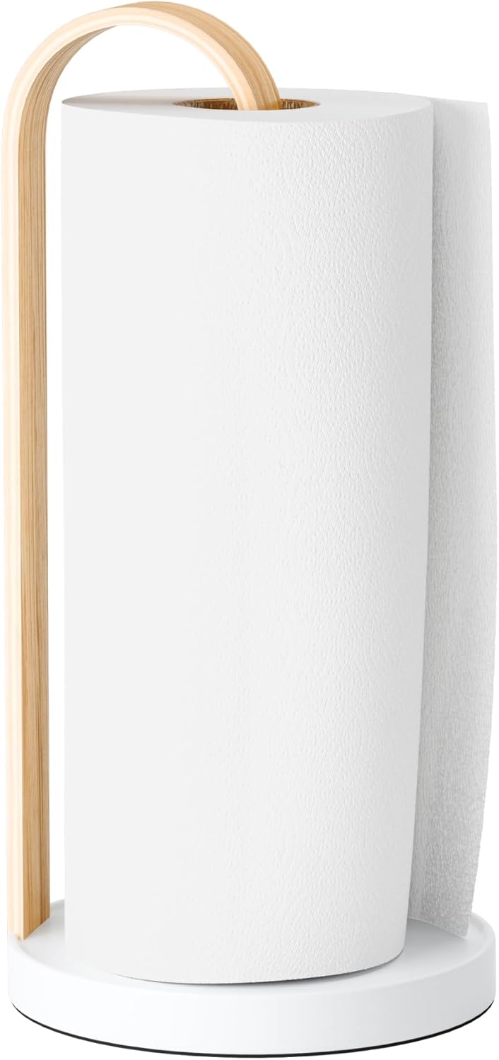 Bellwood Paper Towel Holder for Kitchen Countertop, with Real Wood Stand and Weighted Metal Base