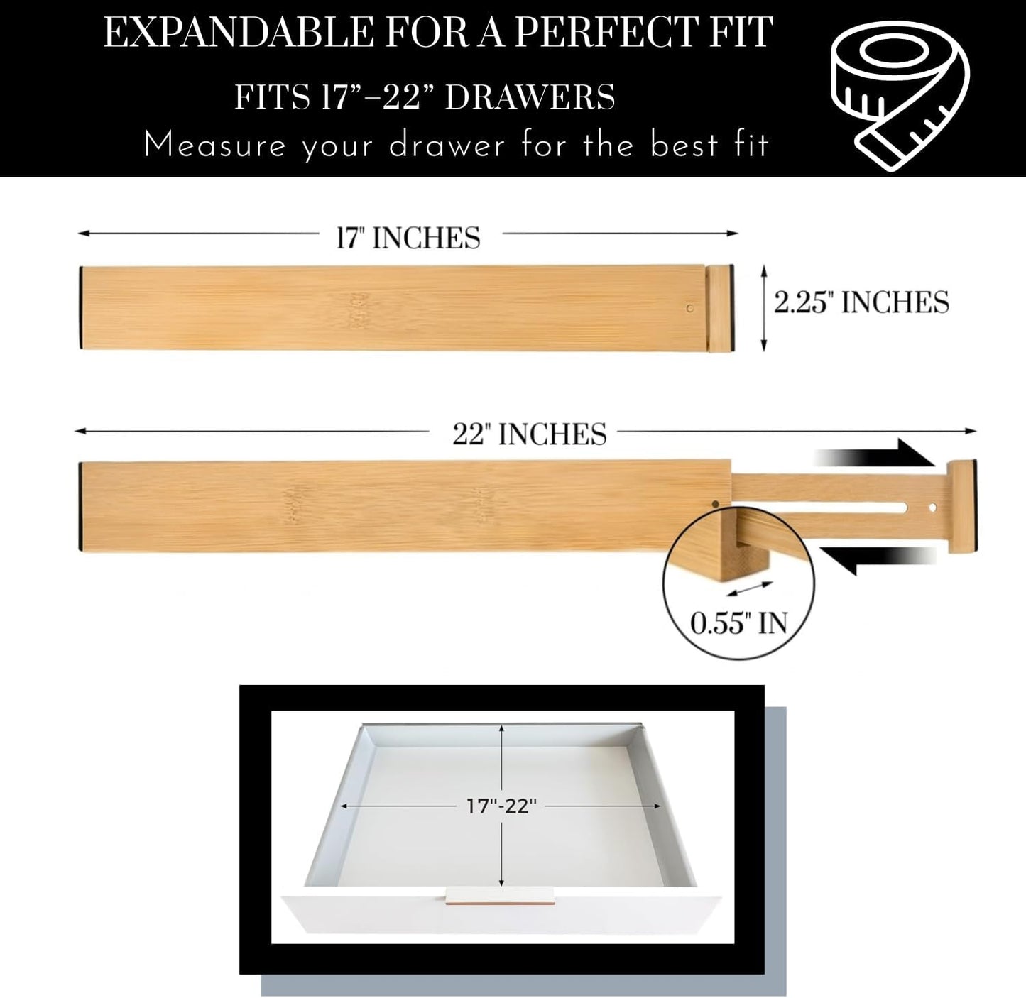 Expandable Bamboo Drawer Dividers 8 pack with labels(17"-22") Drawer Organizer for Kitchen