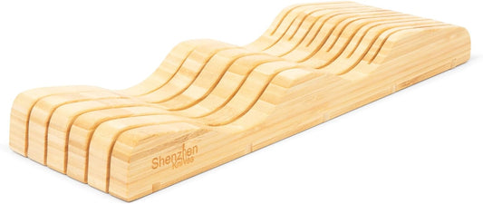 Large In-Drawer Bamboo Knife Block: 11 Slot (Holds 10-12 Knives) Empty Wooden Knife Holder for Kitchen Drawers - Cutlery Tray Organizer & Storage