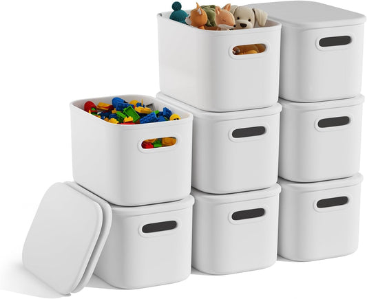 8 Pack White Storage Bins with Lids for Shelves, White Storage Containers with Lids for Organizing