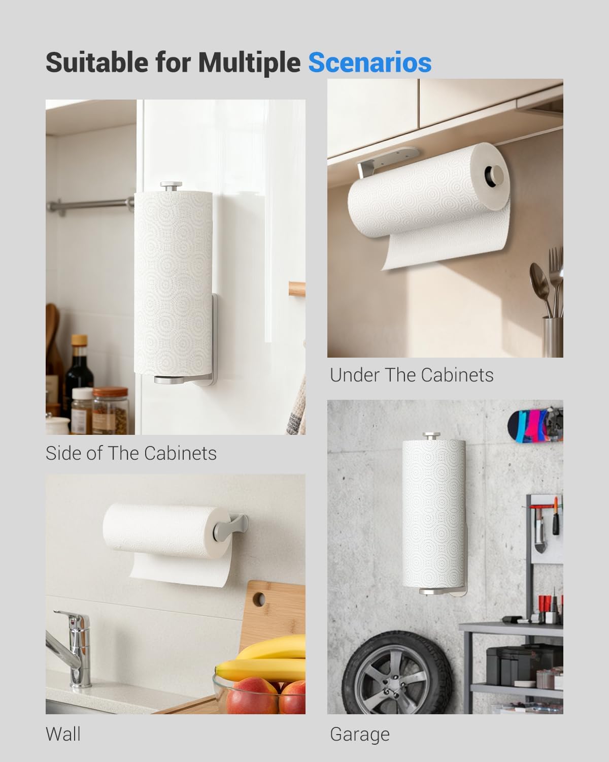 Paper Towel Holder Under Cabinet, One-Handed Tear, Wall Mount, Adhesive, Silver
