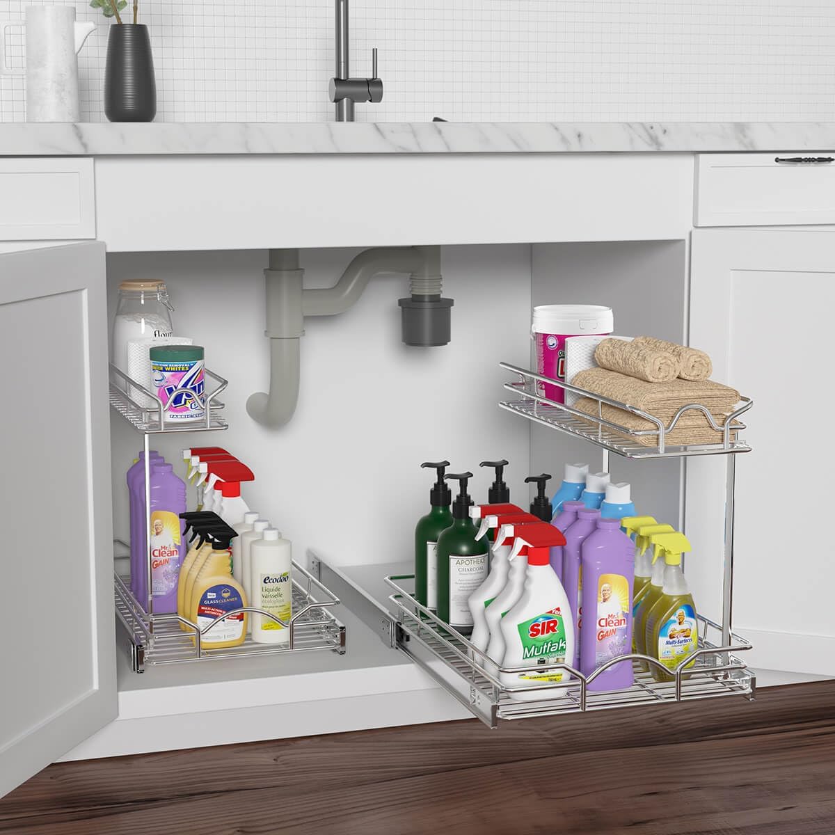 Under Sink Cabinet Organizer Two Tier Pull Out Shelf (14.75W x 21D)