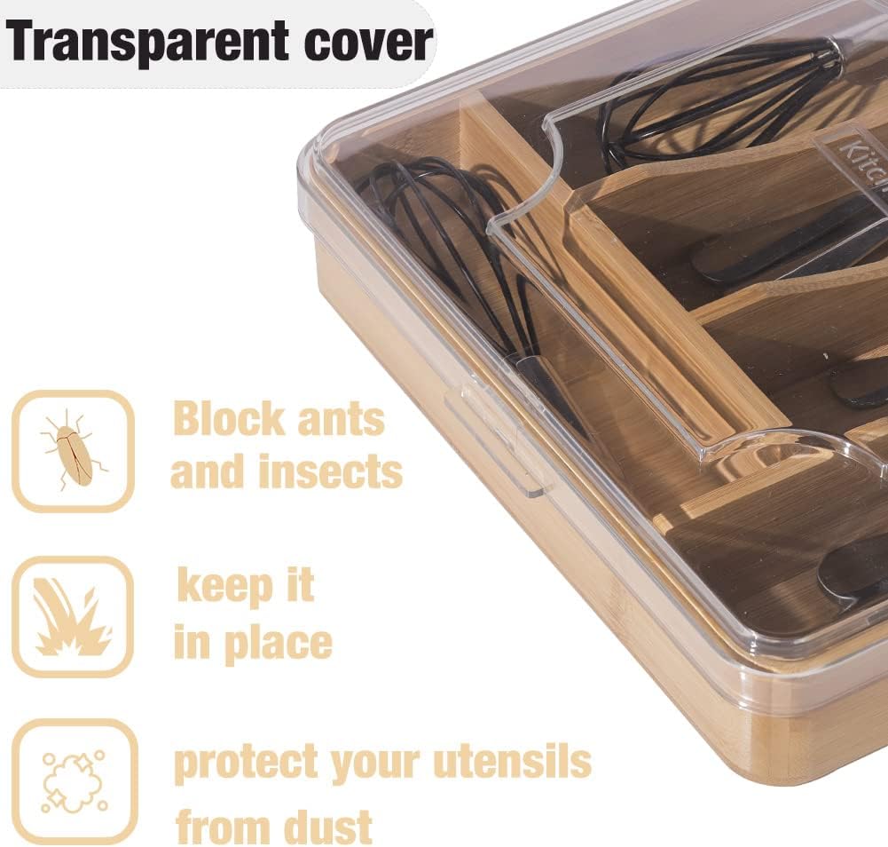 Kitchen Drawer Organizer, 13 Inch Silverware Utensil Tray Holder,with Removable Lid