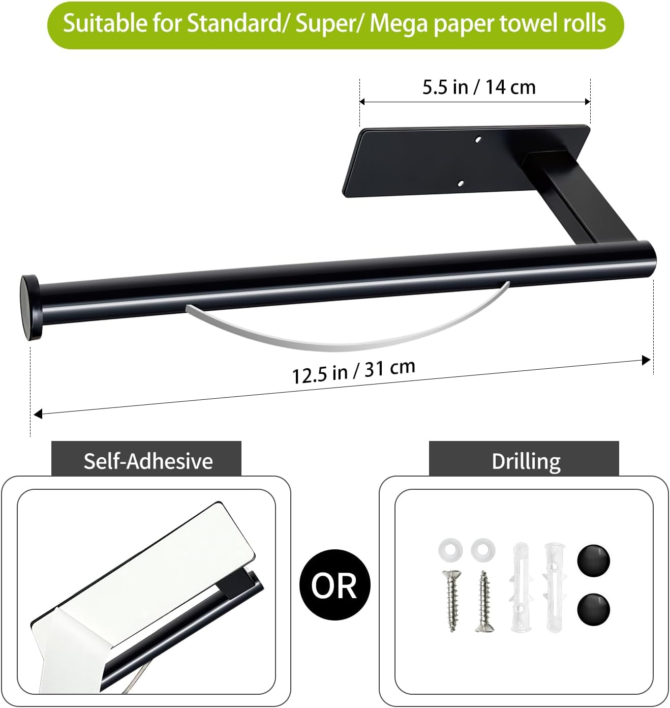 Paper Towel Holder Under Cabinet, Single Hand Operable Tearing Off Paper Towels with Damping Effect, Both Available in Adhesive and Screws, Stainless Steel (Black)