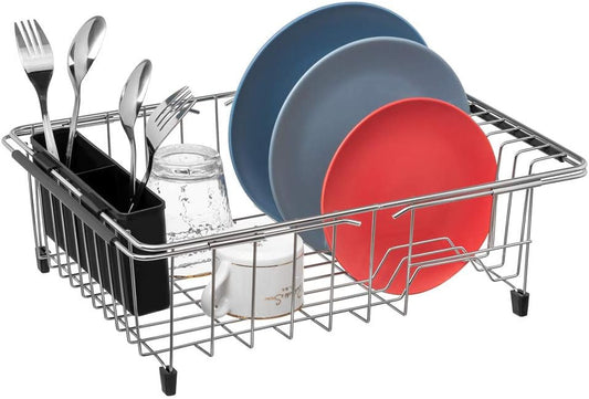 Dish Drying Rack, Large Dish Rack Adjustable Deep Dish Drainer with Removable Silverware Holder