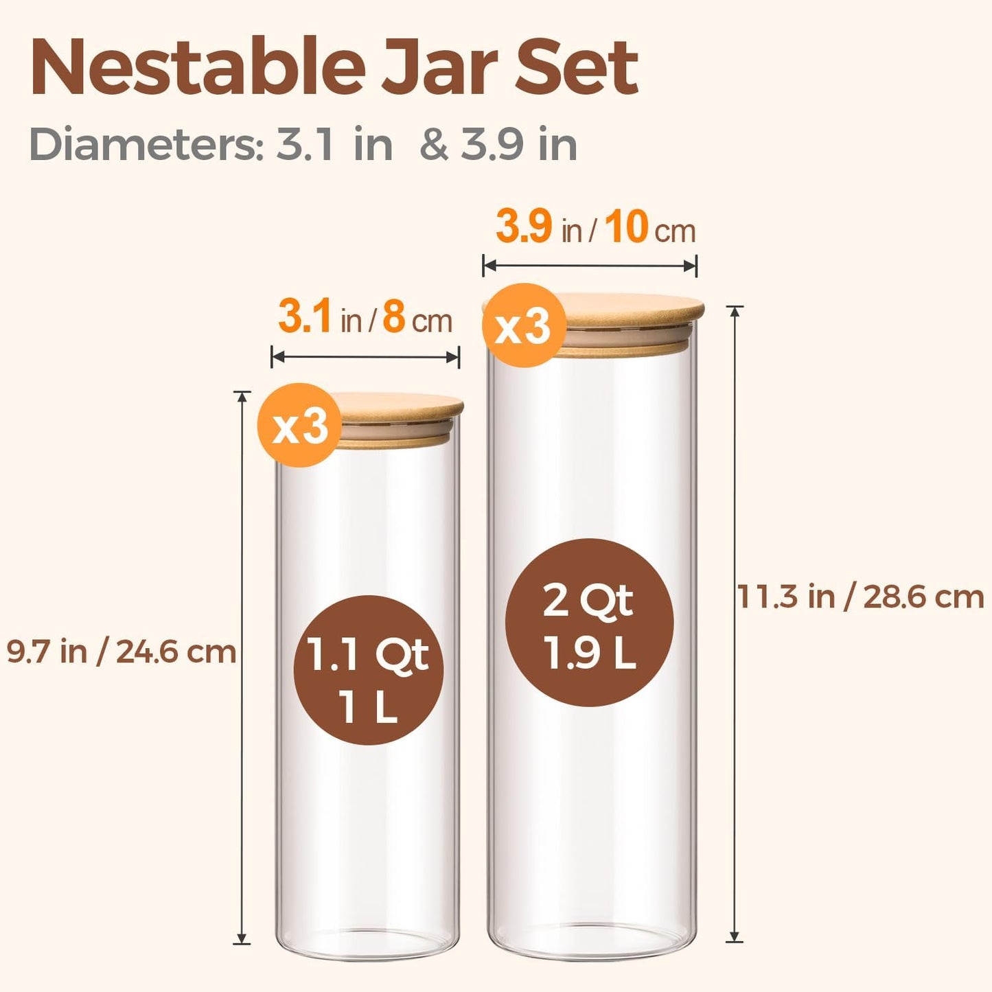 Glass Food Storage Jars Set of 6, Tall Glass Storage Containers with Lids, Spaghetti Jar
