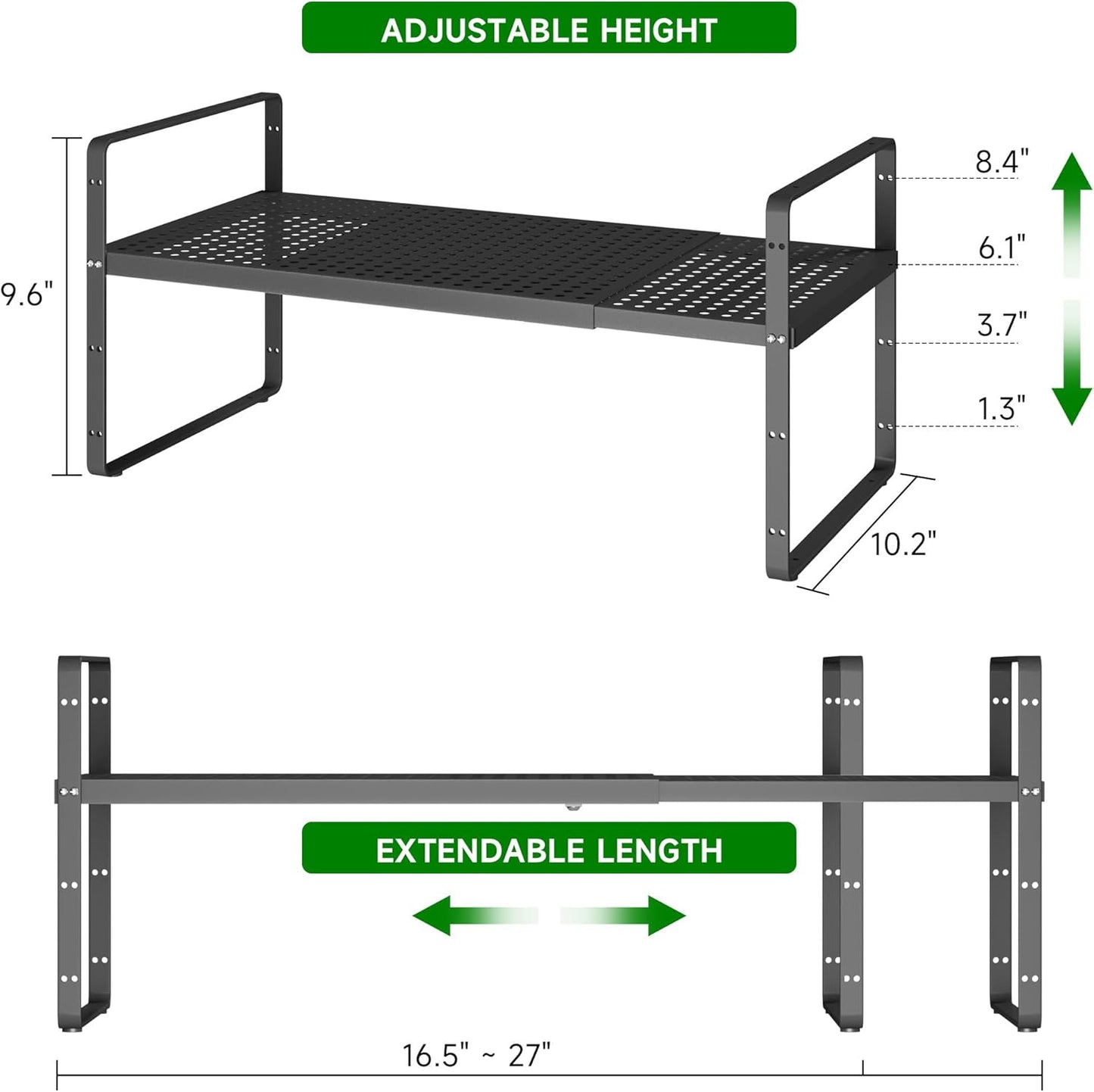 Expandable Kitchen Cabinet Shelf Organizer Rack Heavy Duty Metal Spice Rack Stackable Kitchen Counter Storage Shelf for Kitchen Cabinet Pantry Bathroom (Black - 16.5"-27" L x 10.2" W x 9.6" H - 1Pack)