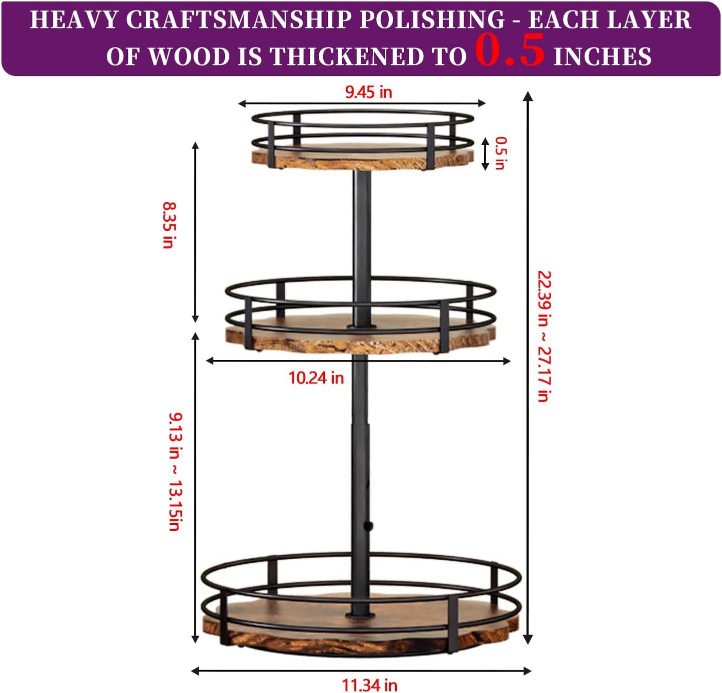 Heavy-Duty 3-Tier Lazy Susan Organizer, Adjustable to Different Heights, Countertop Spice Rack