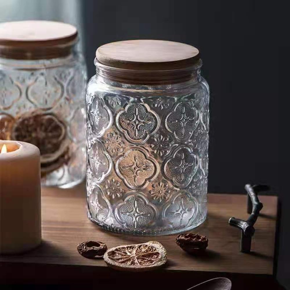 Vintage Glass Jars Set Canister Airtight Storage Jar Container with Bamboo Wooden Lids for Kitchen Counter, Pantry, Coffee, Tea, Sugar, Cute Jar, 2 Pack 23.7 FL OZ (Begonia & Sunflower)