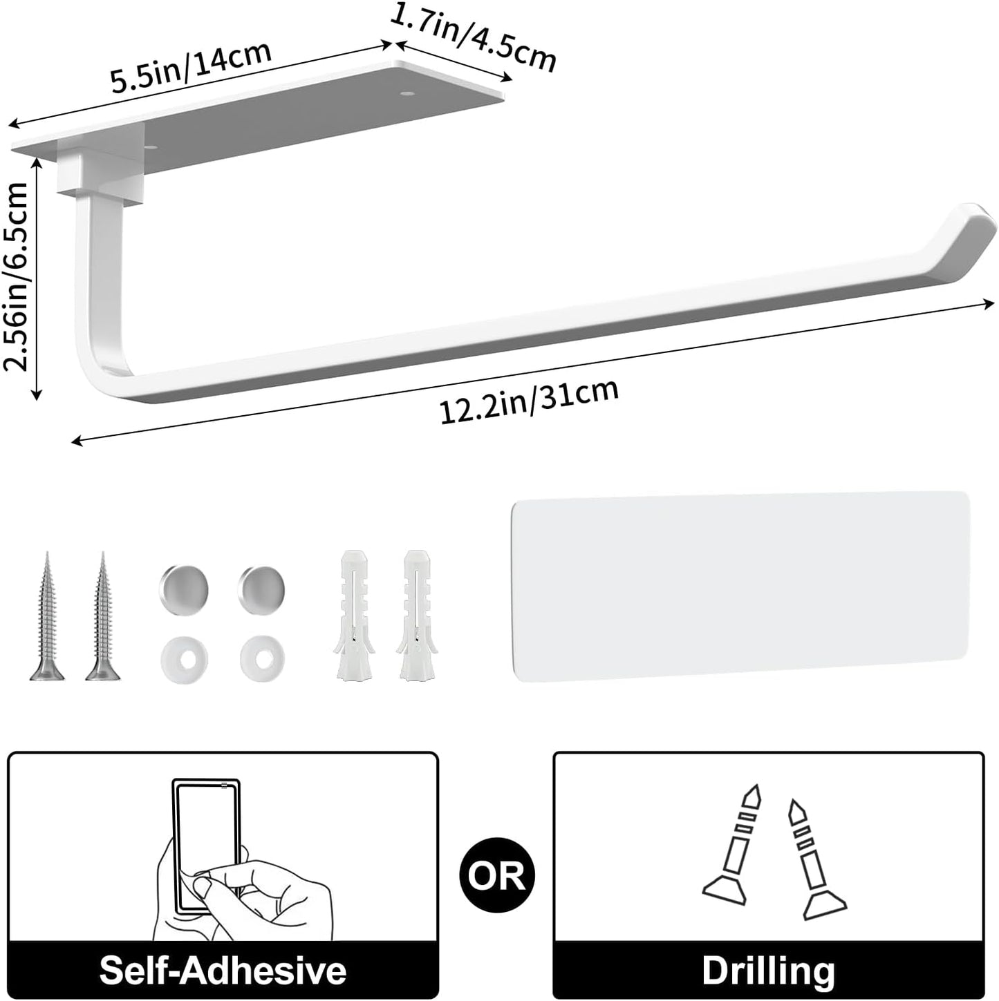 Paper Towel Holder - Self-Adhesive or Drilling, White