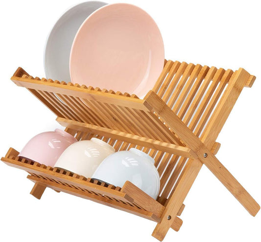 Collapsible Bamboo Dish Drying Rack - Plate Holder Dish Rack Cup Drying Strainer for Dish, Plate