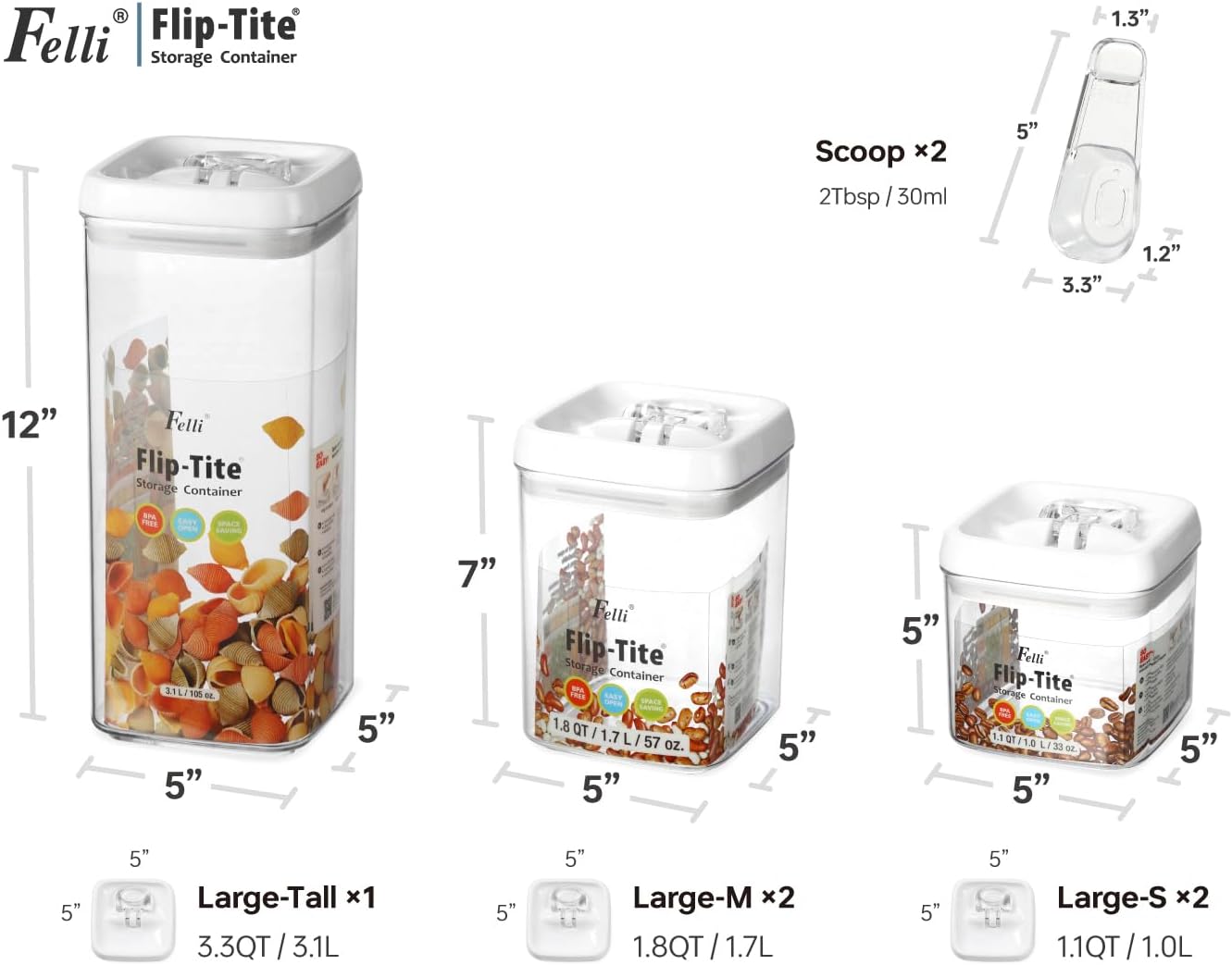 Flip Tite Food Storage Container 5" LARGE 5pk Set + No Residue Label