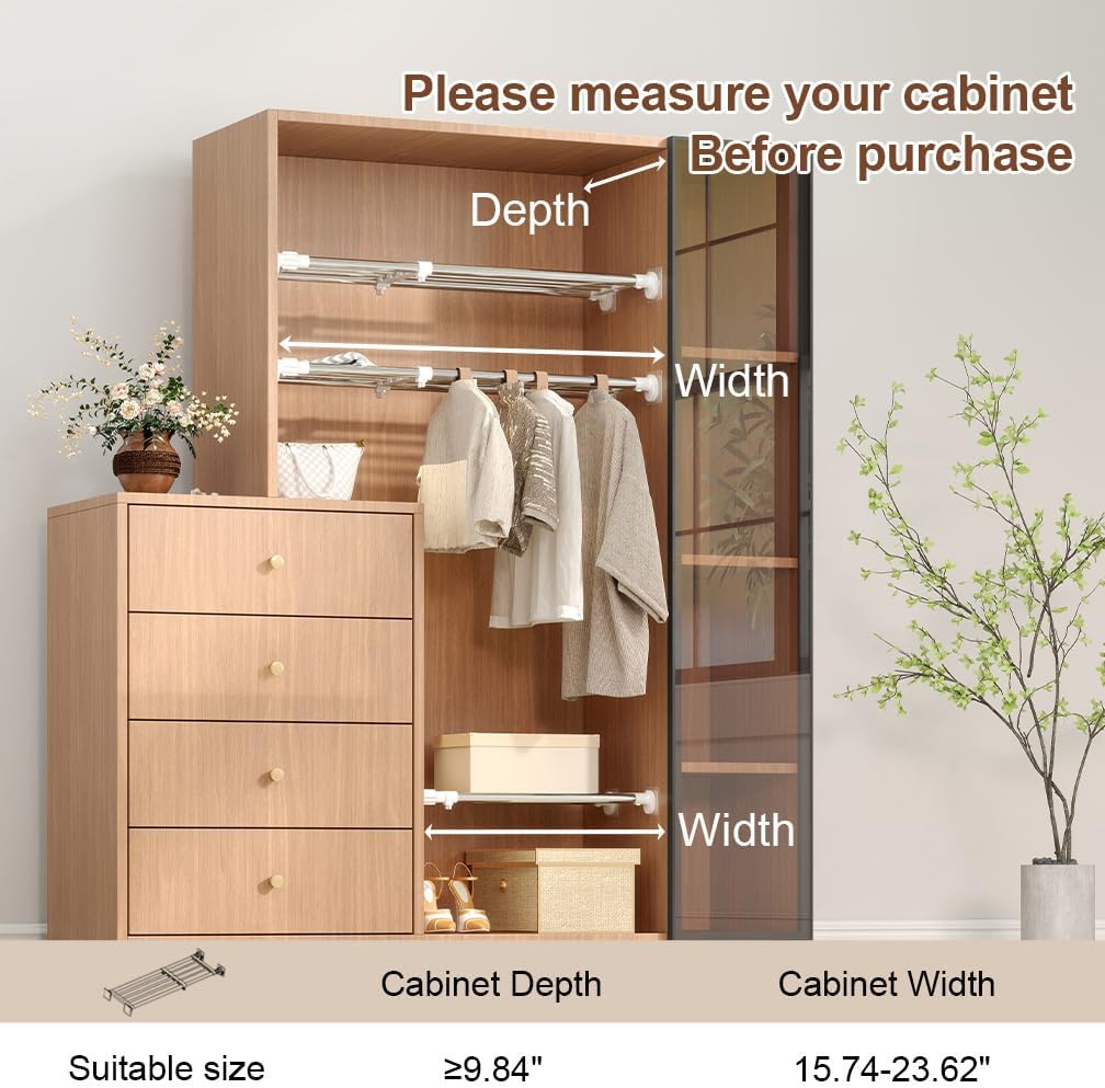 Closet Tension Shelf & Rod Expandable, Adjustable Storage Rack Metal Organizer DIY Divider Separator for Cabinet Wardrobe Cupboard Kitchen Bathroom