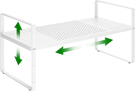 Expandable Kitchen Cabinet Shelf Organizer Rack Heavy Duty Metal Spice Rack Stackable Kitchen Counter Storage Shelf for Cabinet Pantry Bathroom (White- 16.5"-27" L x 8" W x 9.6" H - 1Pack)