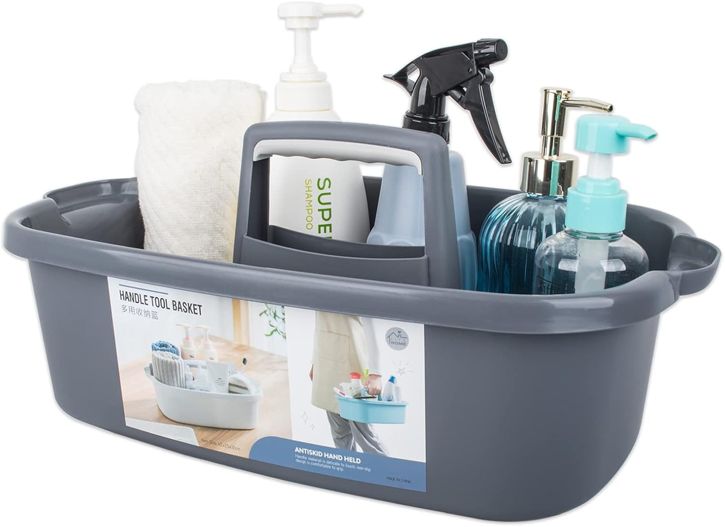 Large Cleaning Supplies Caddy Portable Shower Basket Supply Organizer with Handle Plastic Bucket Tool Storage for Bathroom, Bedroom, Kitchen, College Dorm, Garden, Dark Gray