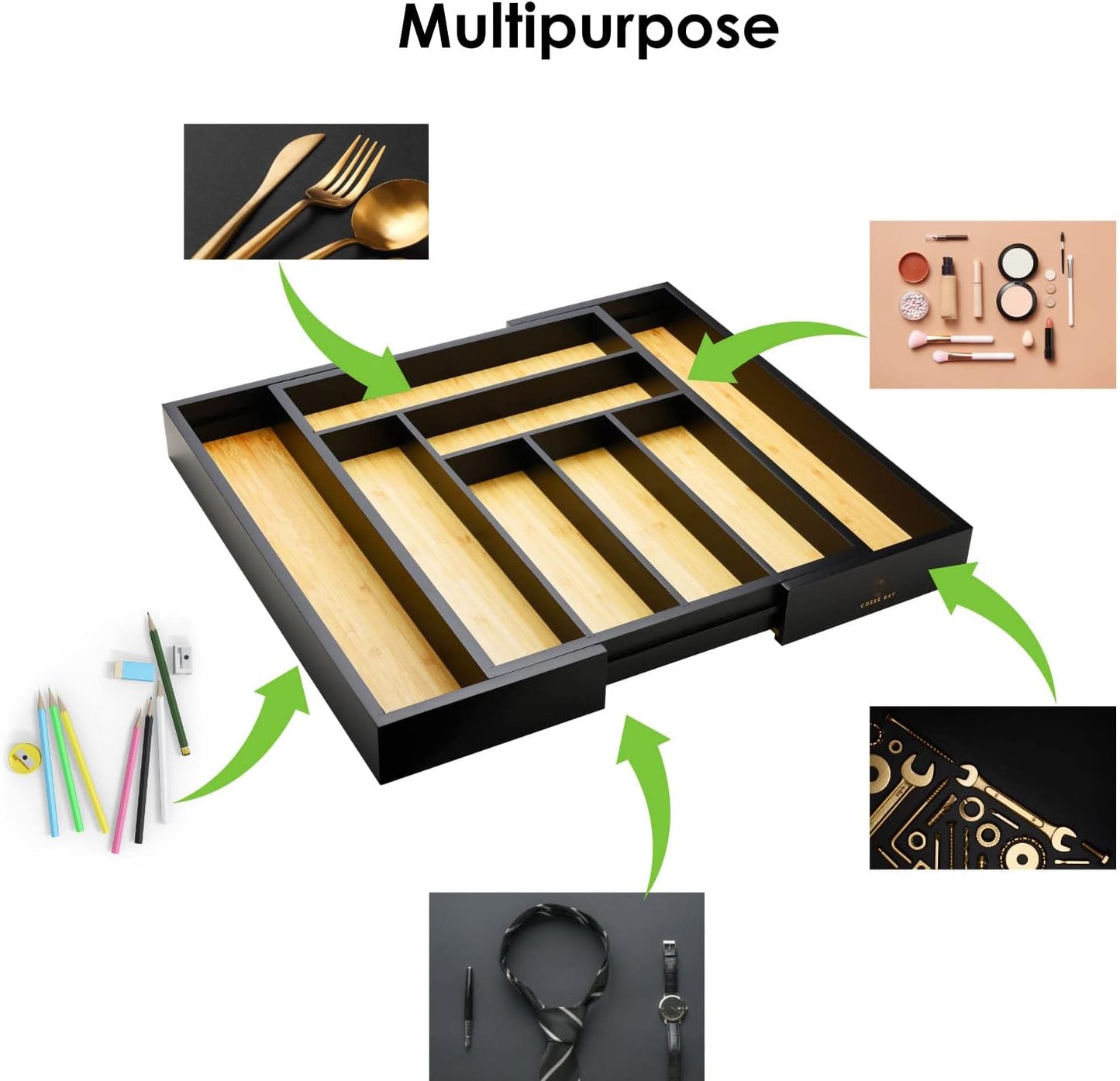 Bamboo drawer organizer, utensil holder, silverware organizer