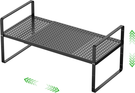 Expandable Cabinet Organizer Shelf - Adjustable Width (16.5”-27.1”), Stackable, Heavy Duty 80 lbs