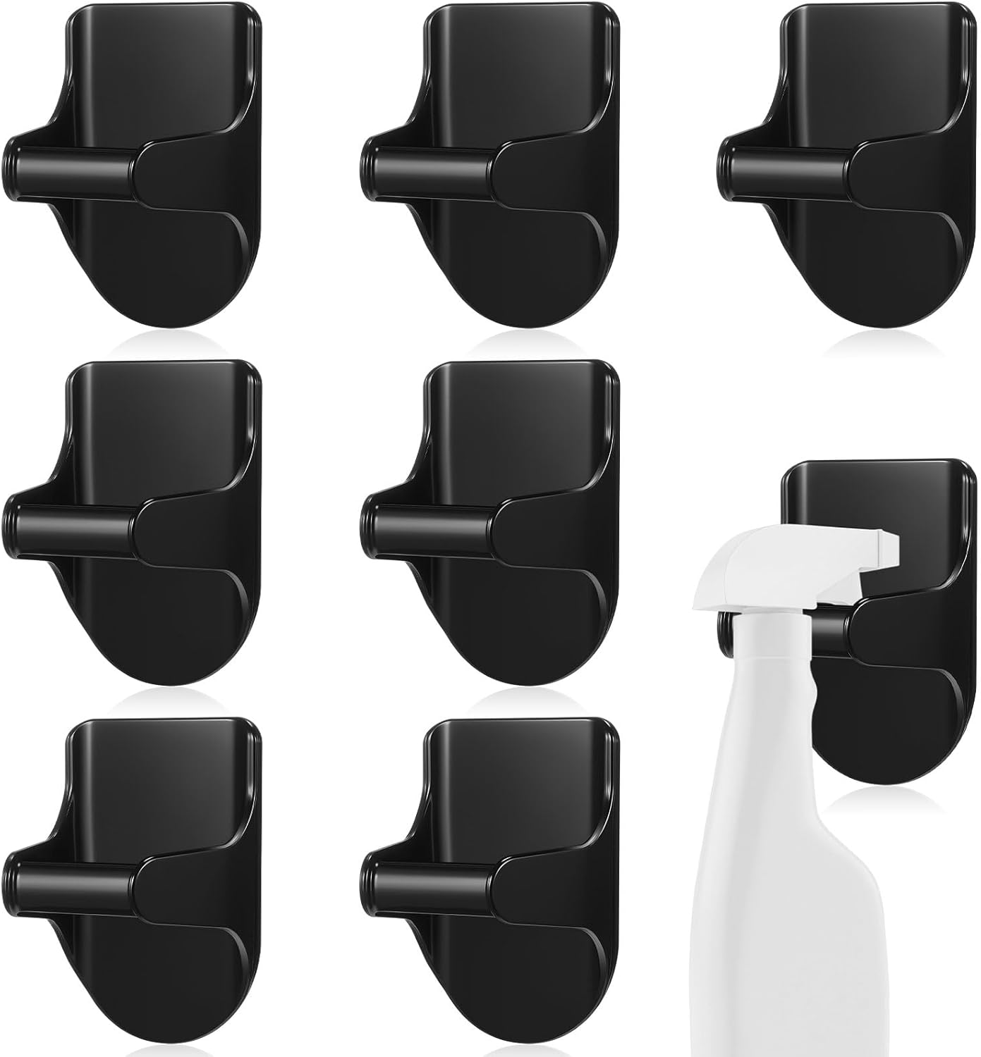 4 Pcs Wall Mount Spray Bottle Hooks Holder Spray Bottle Hanger Adhesive Hook to Create Storage Space Rack Organizer Hanger for Cabinet Kitchen Variety Surfaces (Black)