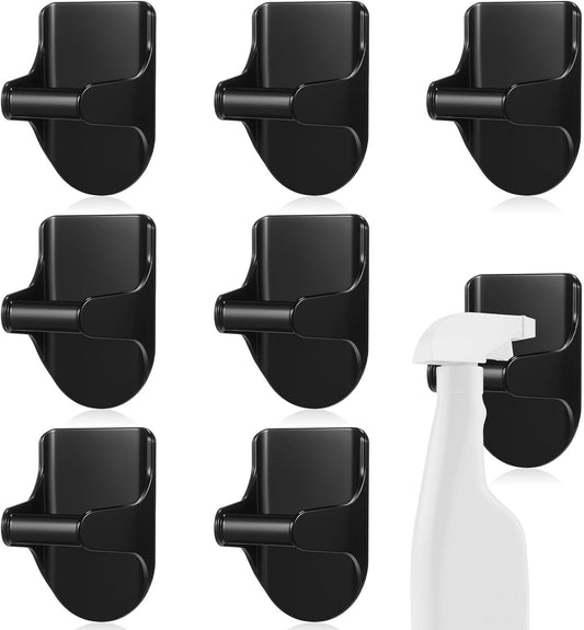 4 Pcs Wall Mount Spray Bottle Hooks Holder Spray Bottle Hanger Adhesive Hook to Create Storage Space Rack Organizer Hanger for Cabinet Kitchen Variety Surfaces (Black)