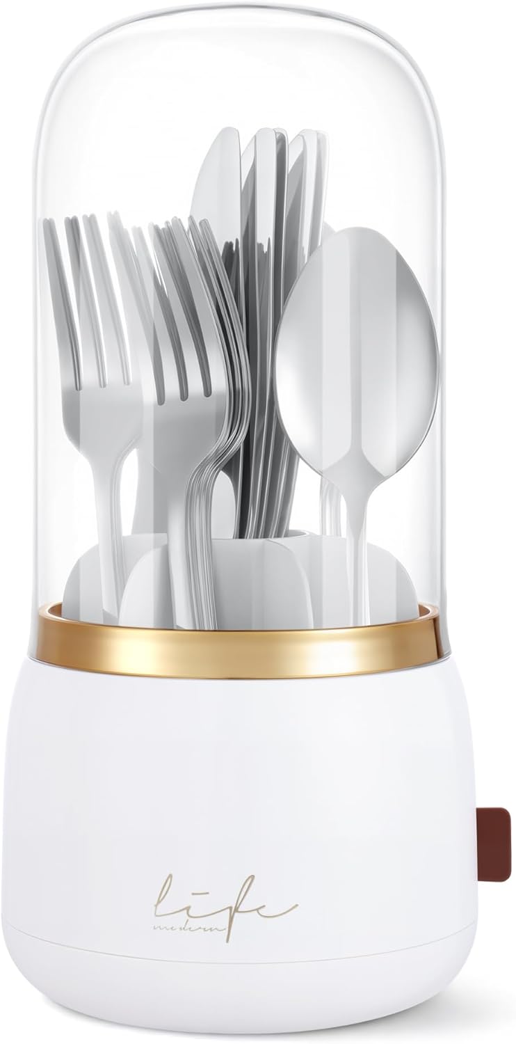 360° Rotation Silverware Organizer for Kitchen Counter,Utensil Holder Caddy Silverware Caddy Holder for Party,Spoon and Fork Organizer,7 Slots and Intermediate Drainage Device with Cover
