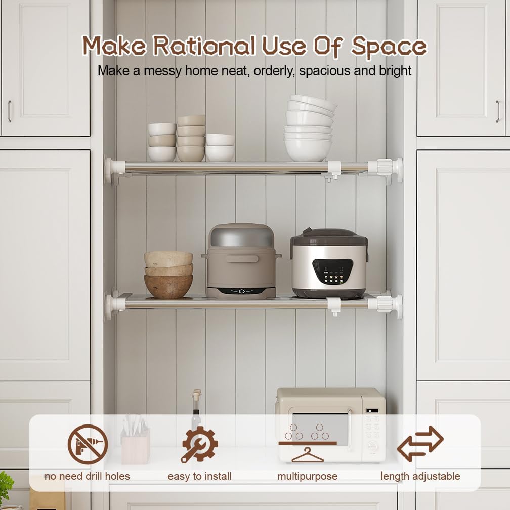 Closet Tension Shelf & Rod Expandable, Adjustable Storage Rack Metal Organizer DIY Divider Separator for Cabinet Wardrobe Cupboard Kitchen Bathroom