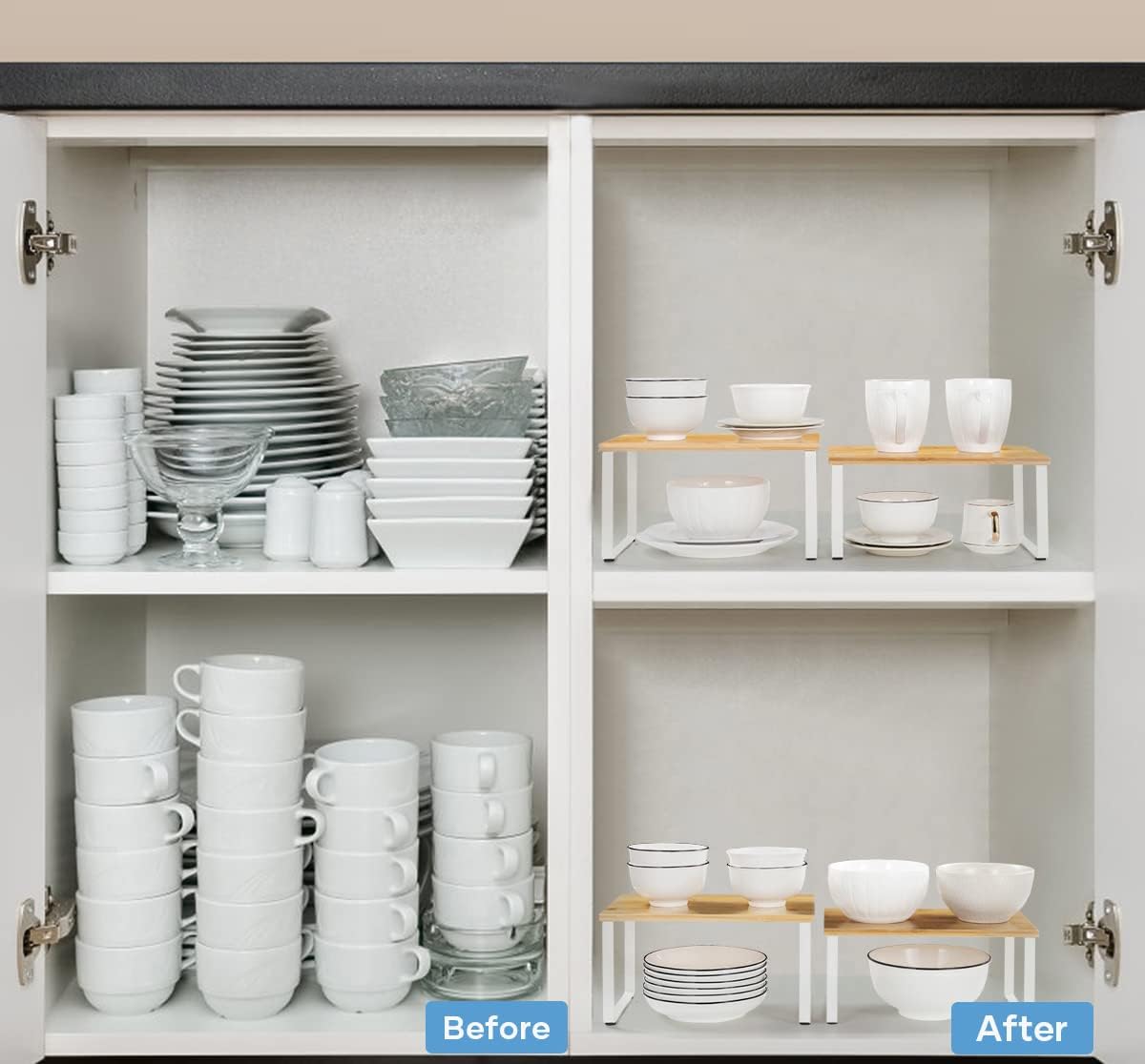 Kitchen Cabinet and Counter Shelf Organizer, Stackable & Expandable, White and Natural
