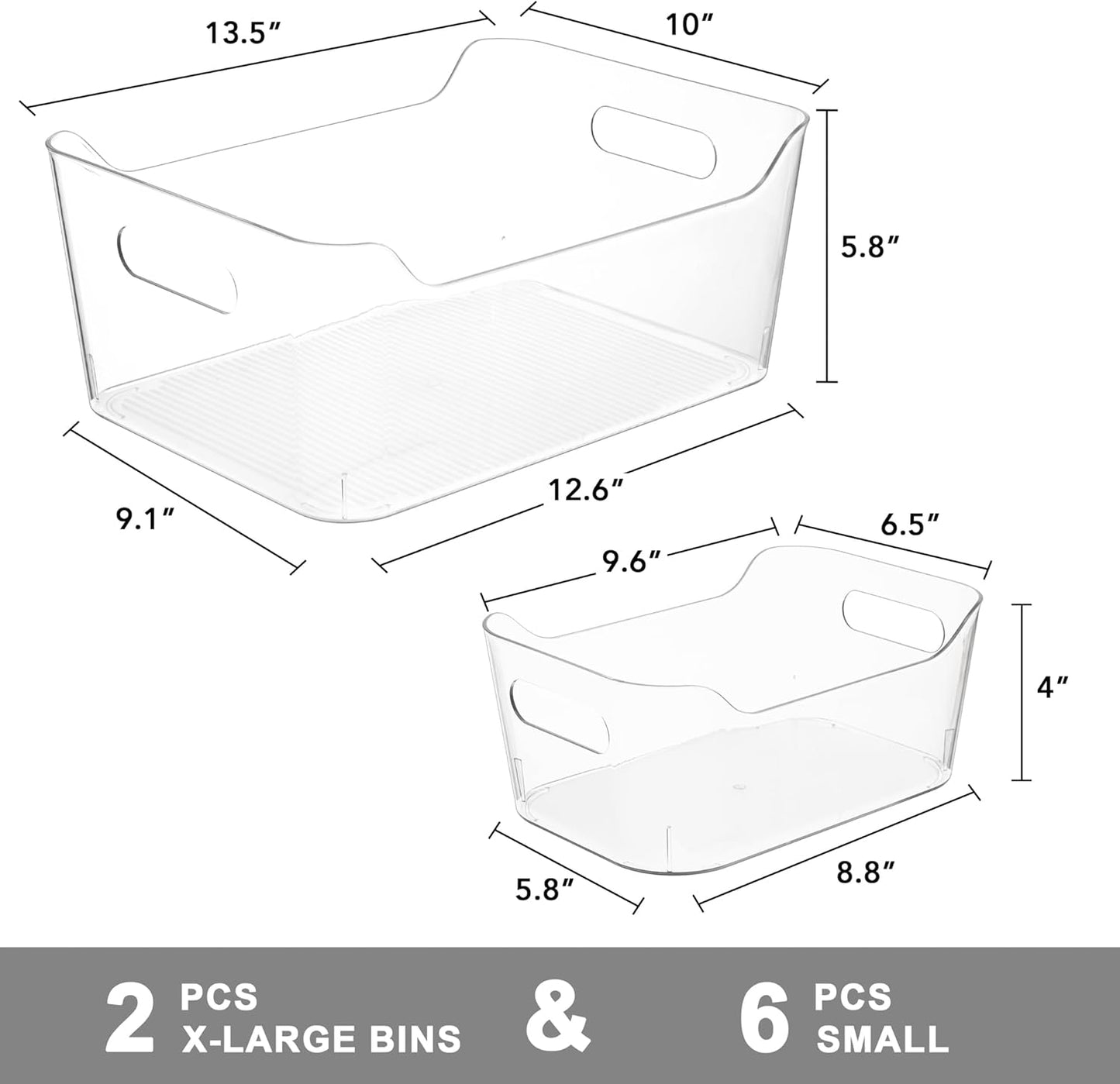 Set of 8 Clear Plastic Storage Bins, 2 Extra Large and 6 Small Storage Containers for Pantry Organization, Multi-Use Organizer Bins for Home, Kitchen, Cabinet, Bathroom, Fridge & Freezer
