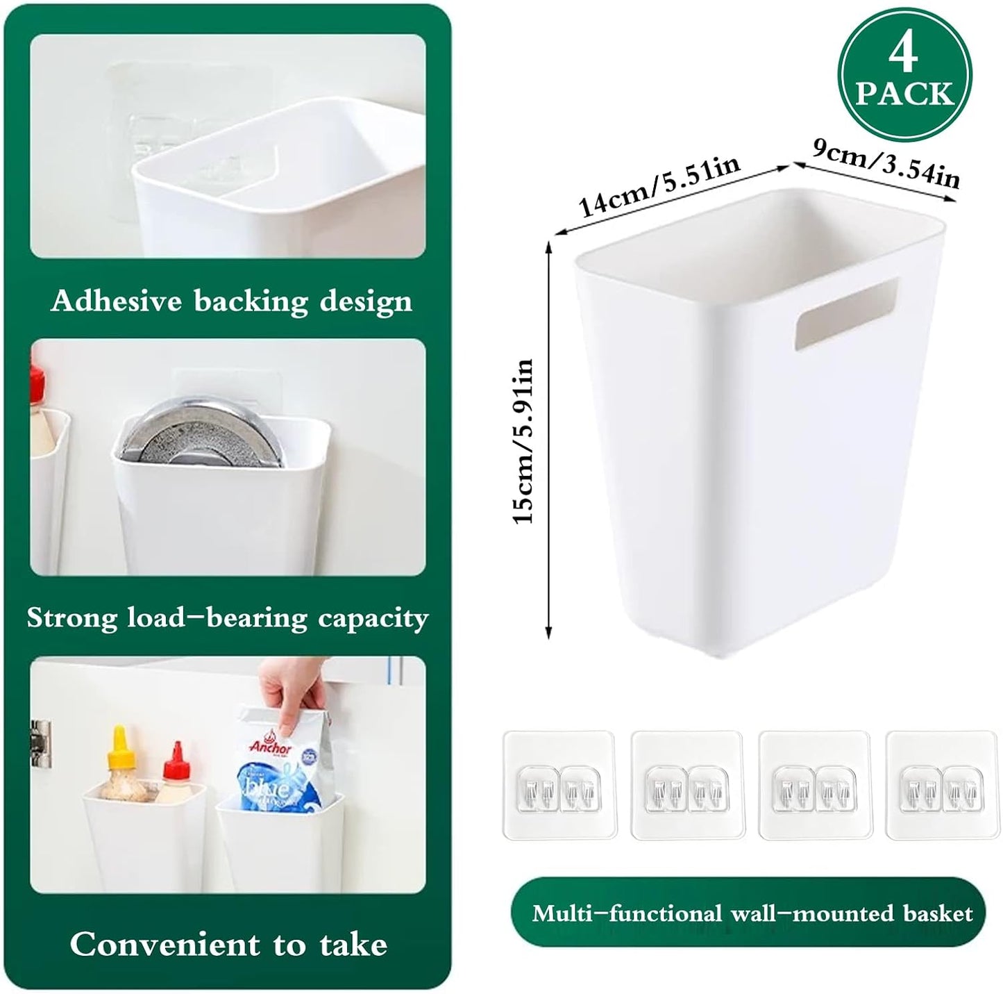 4 Pack Cabinet Door Organizer, Self Adhesive Wall Mount Storage Bins