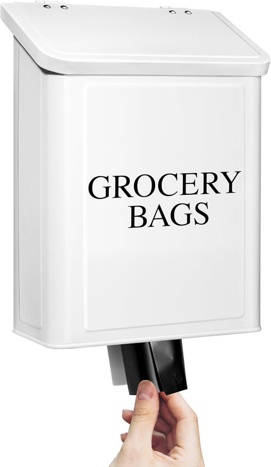 Modern Farmhouse Metal Magnetic Grocery Bags Holder for Plastic Bags with LId and Kitchen Organizer and Storage Wall Mount Grocery Bag Dispenser Space Saving, White