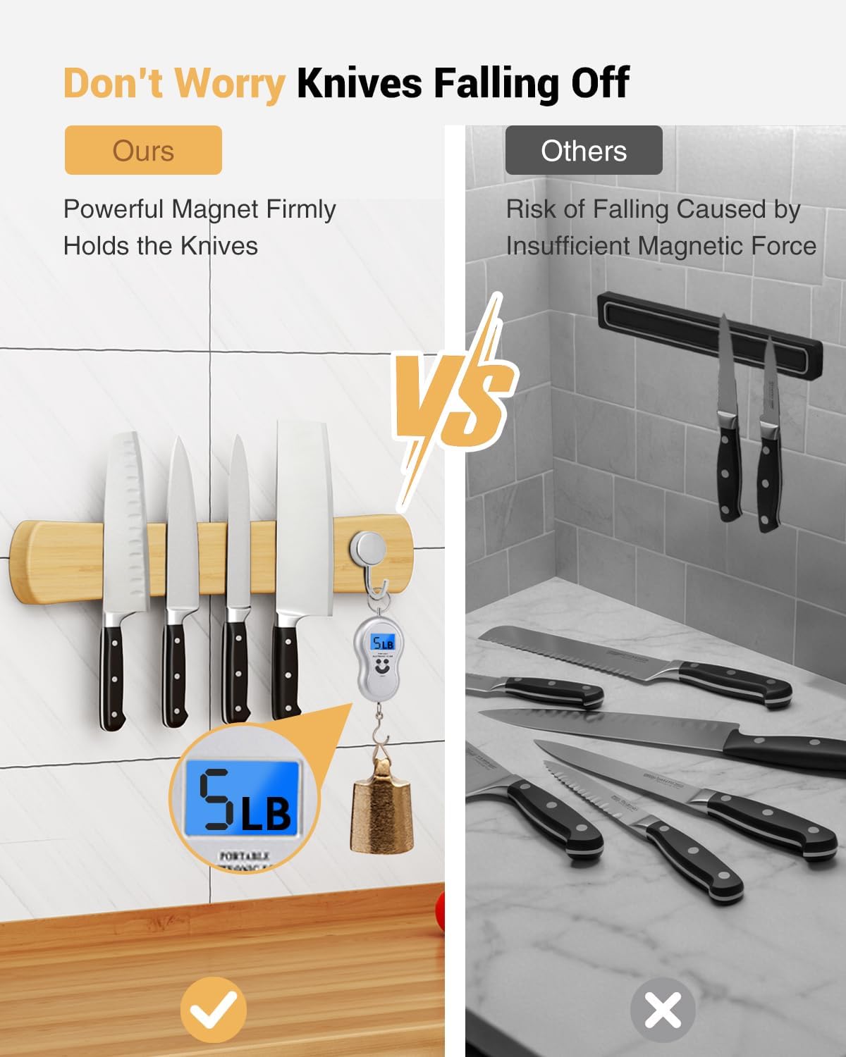 Magnetic Knife Holder for Wall, 16 Inch Bamboo Knife Strip with Strong Magnetism