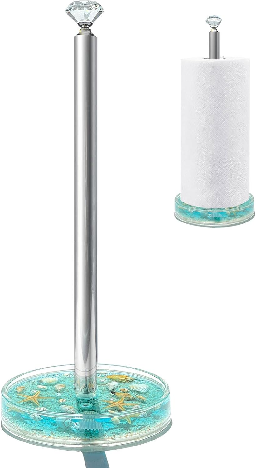 Paper Towel Holder Countertop Acrylic w/Nature Seashell Handmade,Seascape Standing Paper Towel Roll Holder for Kitchen Bathroom w/Weighted Base for One-Handed Operation,Unique Gifts (Blue)