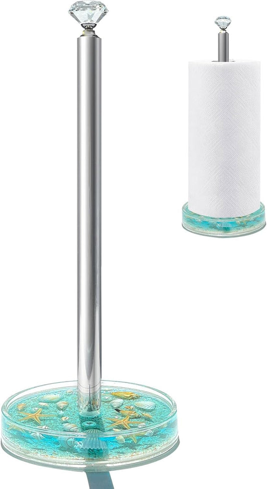 Paper Towel Holder Countertop Acrylic w/Nature Seashell Handmade,Seascape Standing Paper Towel Roll Holder for Kitchen Bathroom w/Weighted Base for One-Handed Operation,Unique Gifts (Blue)
