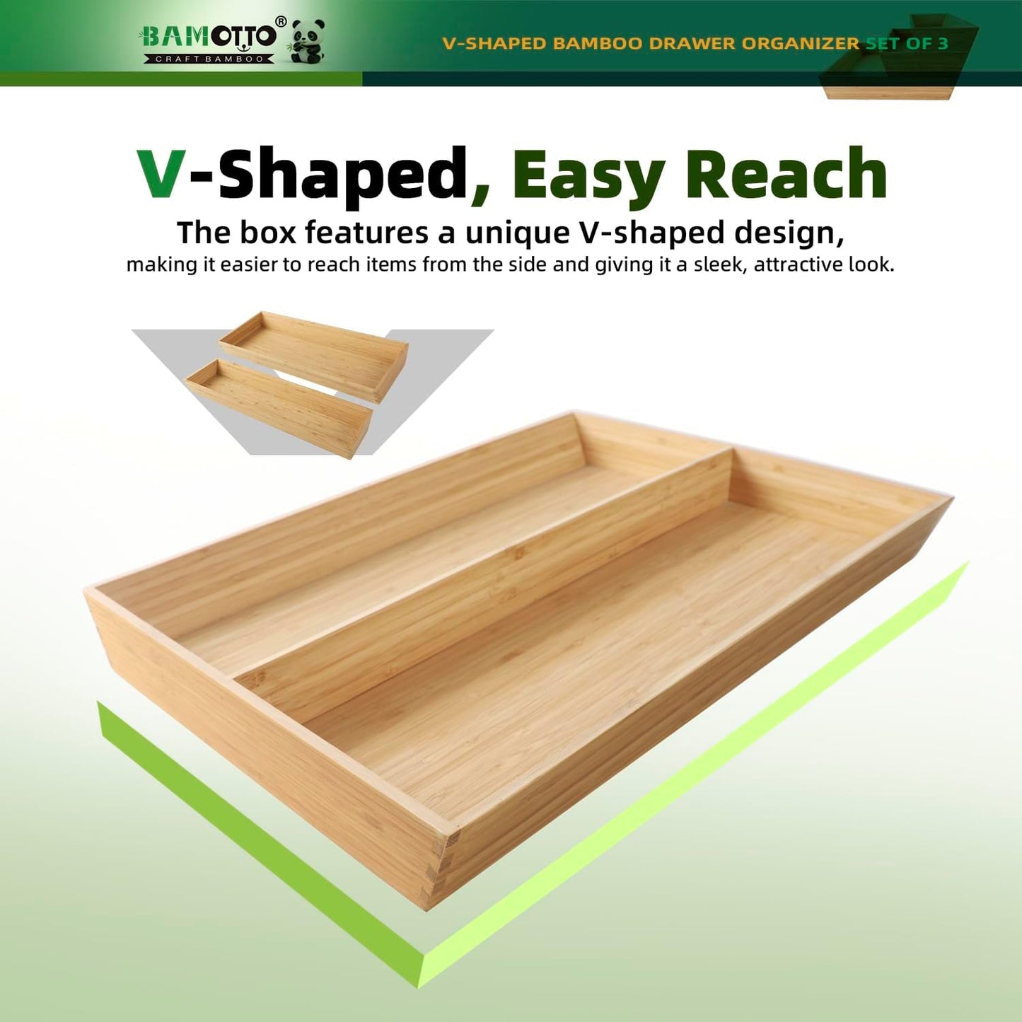 V-Shaped 3-Pack 19.6" Long Bamboo Drawer Organizer Box