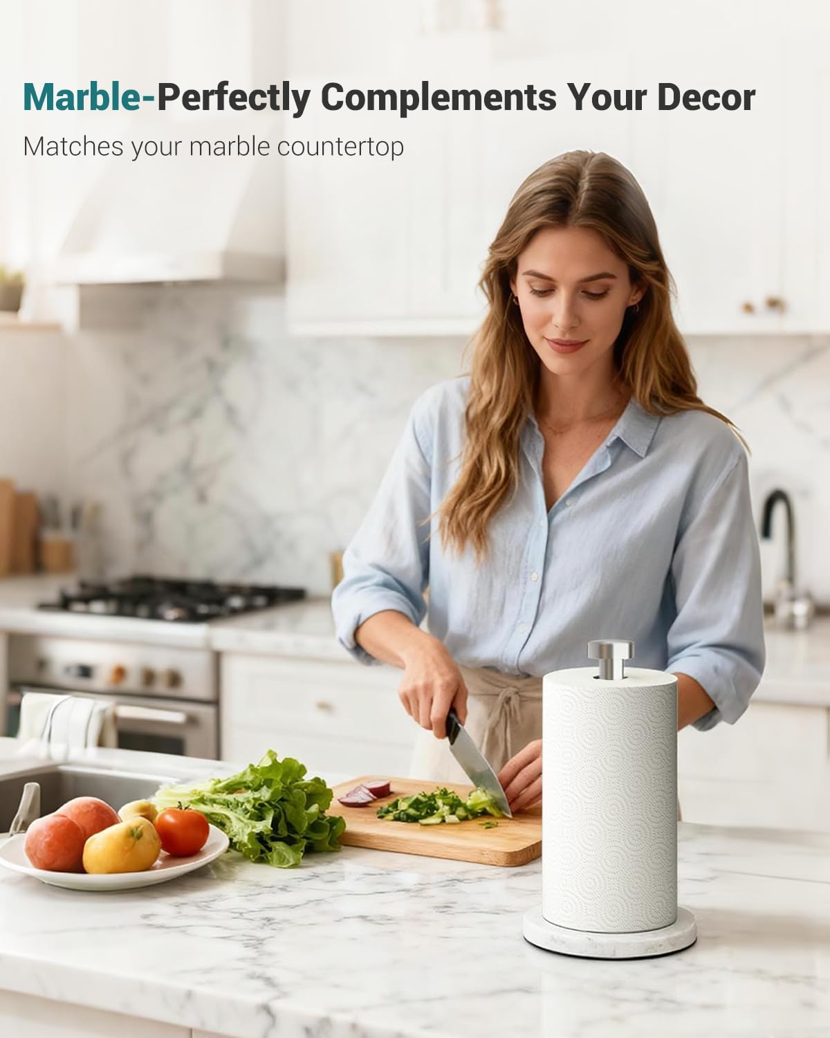 Marble Paper Towel Holder Countertop, Stainless Steel, One-Handed Tear
