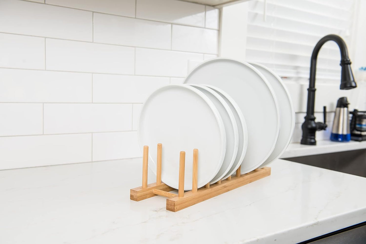 887 Bamboo Wood Plate Rack and Pot Lid Holder, 15-3/8" x 4-3/8" x 4"
